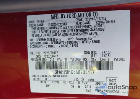 2010 Ford Fusion Se из США, поврежденный, VIN 3FAHP0HG5AR205417